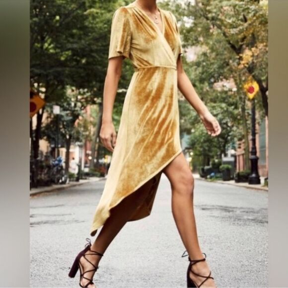 LULUS Amour High Low Wrap Dress Golden Yellow Velvet - Picture 4 of 9